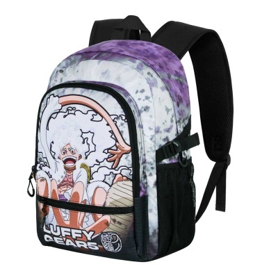 mochila com estampa do personagem Luffy Gears em roxo, branco e preto