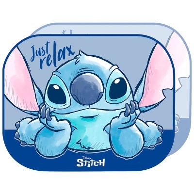 Protetores laterais para carro com desenho do Stitch e texto 'Just relax'