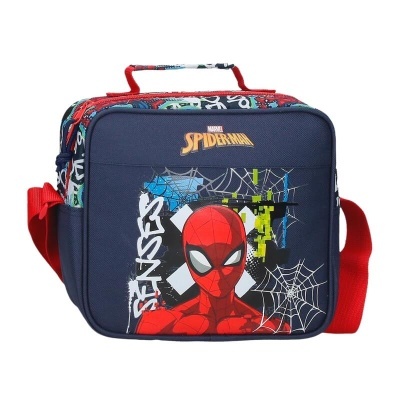 Mala azul com tema Homem-Aranha e alça vermelha