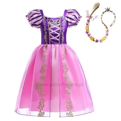 Vestido roxo e rosa de princesa com tiara decorada