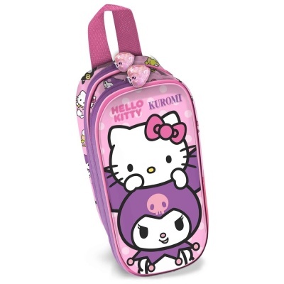 Mochila rosa com personagens Hello Kitty e Kuromi e alça cor-de-rosa
