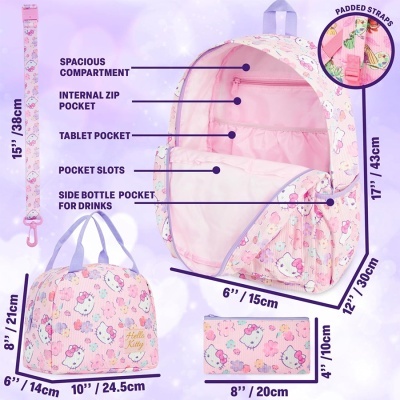 Conjunto Hello Kitty mochila, mala de mão e carteira cor-de-rosa com flores e vários compartimentos