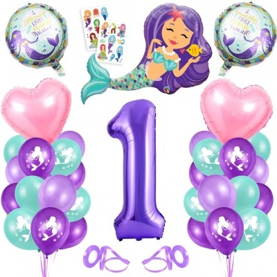 Conjunto de balões coloridos para festa infantil tema sereia com números, corações e desenhos de sereias