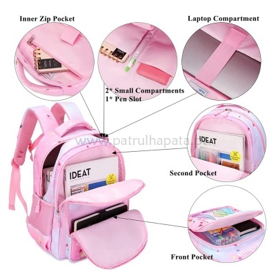 Mochila cor-de-rosa com múltiplos compartimentos e texto IDEAT visível