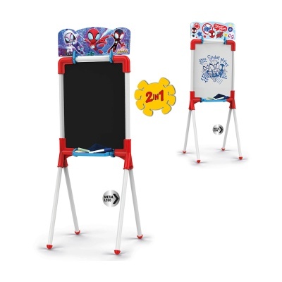 Quadro de desenho infantil 2 em 1 com desenhos de super-heróis, uma face negra e outra branca.