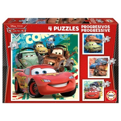 Conjunto 4 puzzles progressivos Disney Pixar Cars com personagens em caixa vermelha