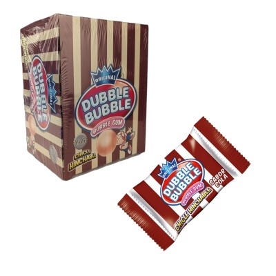 Pacote e caixa de goma de mascar Dubble Bubble com design listrado vermelho, branco e azul