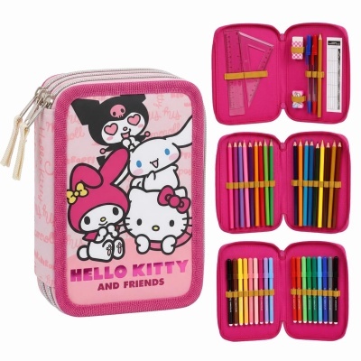 Estojo escolar rosa Hello Kitty and Friends com materiais organizados no interior