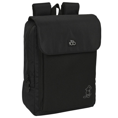 mochila preta com logótipos Disney 100 e Mickey