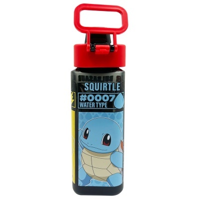 Garrafa preta com tampa vermelha e imagem do Pokémon Squirtle