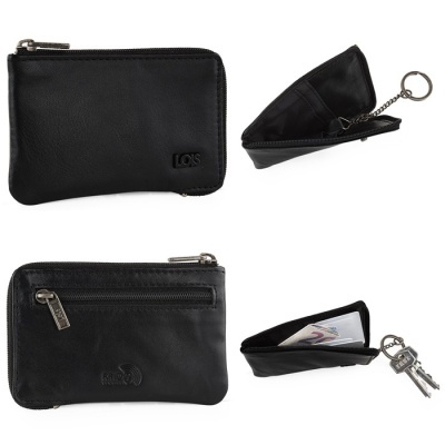 Porta-chaves e carteira em pele preta com fecho zip e logótipos