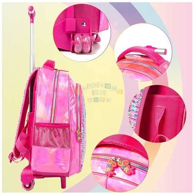 Mochila escolar rosa holográfica com rodas e alça telescópica