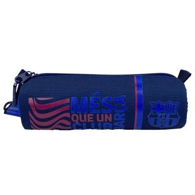 Estojo cilíndrico azul escuro com texto colorido e emblema FC Barcelona