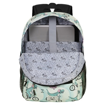 Mochila com padrão de dinossauros a andar de bicicleta e interior forrado com tecido cinzento com letras POP!