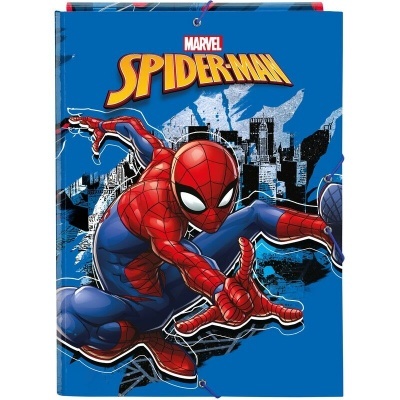 Caderno azul com ilustração de Spider-Man e texto MARVEL SPIDER-MAN