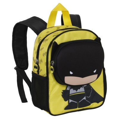 Mochila infantil amarela e preta com estampa de Batman em estilo cartoon