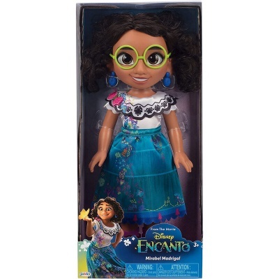 Boneca Mirabel Madrigal Disney Encanto com vestido azul e óculos verdes na embalagem