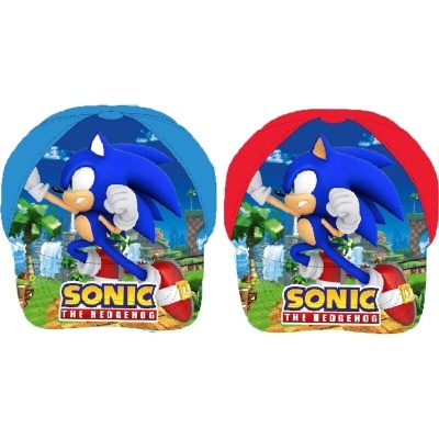 Mochilas do Sonic the Hedgehog com cores azul e vermelho e design de personagem em fundo de jogo.
