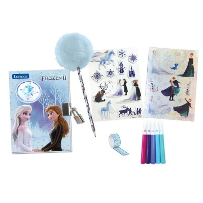 Conjunto escolar Disney Frozen II com caderno, autocolantes, caneta com pompom, fita adesiva e marcadores coloridos