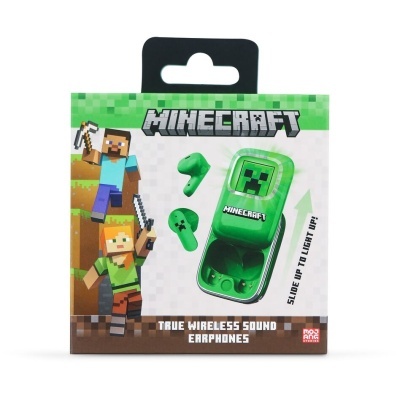 Caixa de auriculares Minecraft True Wireless verdes com imagem do creeper