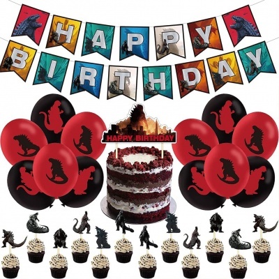 Decoração de aniversário com tema dinossauro, balões, bolo e bandeirolas