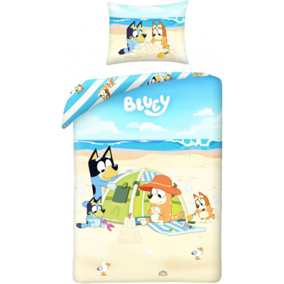 Conjunto de cama infantil Bluey com estampa de praia e personagens animados