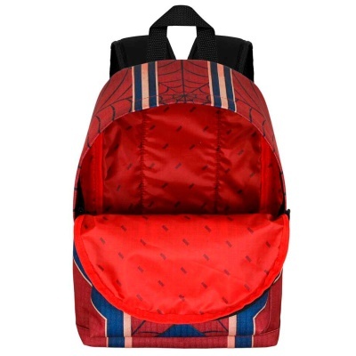 Mochila vermelha e azul estilo Homem-Aranha com fecho aberto