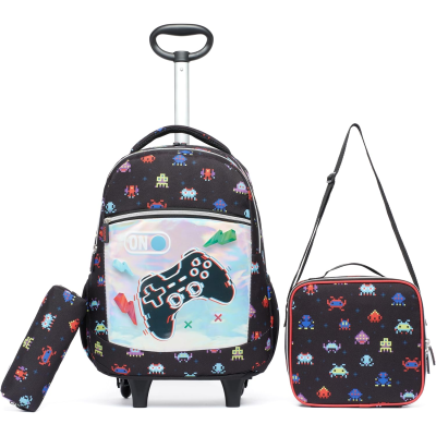 Conjunto escolar de mala de rodas, bolsa e estojo preto com padrão alienígena pixel art e controle de videojogo