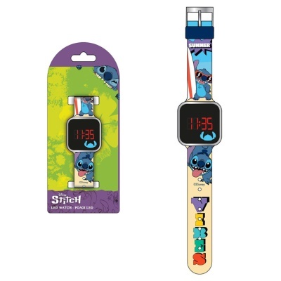 Relógio digital azul e bege com personagens Stitch e embalagem em cartão