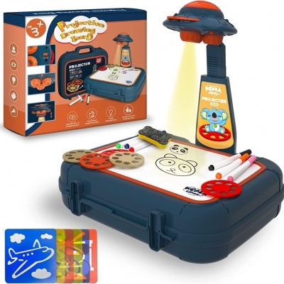 Brinquedo projetor de desenho infantil com base azul escura e projetor laranja e azul