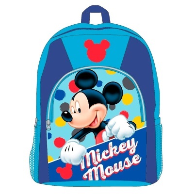 Mochila azul com ilustração do Mickey Mouse e texto 'Mickey Mouse'