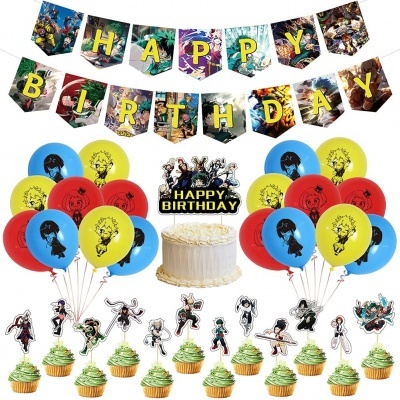 Decoração de aniversário com balões coloridos, topo e figuras com tema de personagens e faixa HAPPY BIRTHDAY