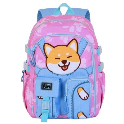Mochila rosa com desenho de cão e bolsos azuis