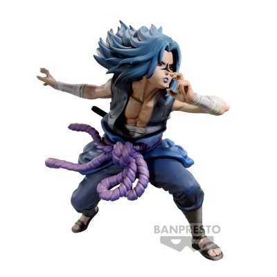Figura colecionável de personagem anime com cabelo azul, braços estendidos, faixa roxa e roupa azul
