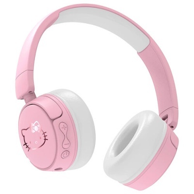 Auriculares rosa e branco com desenho Hello Kitty e botões