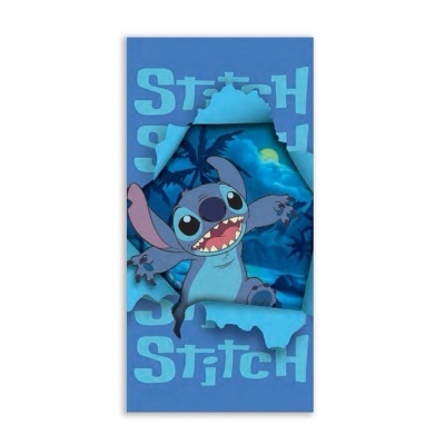 Toalha azul com personagem Stitch e texto 'STITCH'