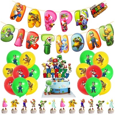 Decoração de festa Super Mario 3D World com balões e toppers de bolo coloridos e personagens do jogo