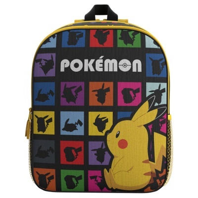 Mochila infantil Pokémon com várias silhuetas do Pikachu coloridas e um grande Pikachu amarelo na frente