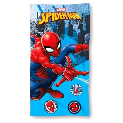 Toalha azul com Spider-Man em pose dinâmica e texto Marvel Spiderman