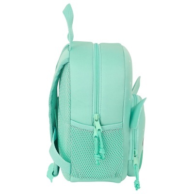 Mochila pequena verde-água vista de lado com bolsos e fechos