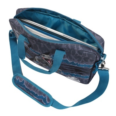 Bolsa de transporte para portátil azul-turquesa com padrão camuflado e interior azul