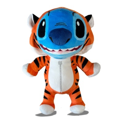 Peluche colorido de tigre com cabeça azul e corpo laranja riscado
