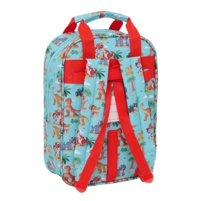 Mochila infantil azul clara com padrão de dinossauros coloridos e alças vermelhas