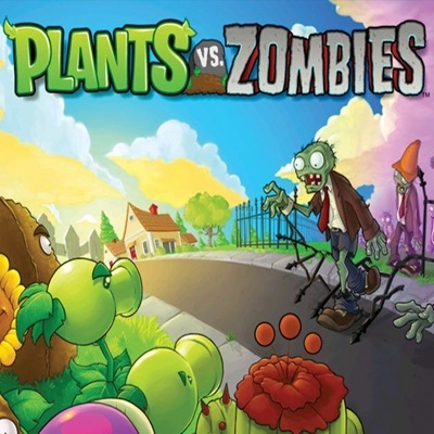 Capa do jogo Plants vs. Zombies com plantas e zumbis num cenário animado