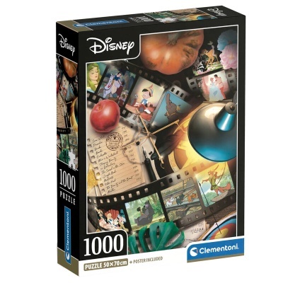 Caixa de puzzle Disney de 1000 peças Clementoni com imagens de filmes e objetos variados