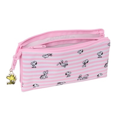 Estojo rosa com riscas e personagens Snoopy e Woodstock