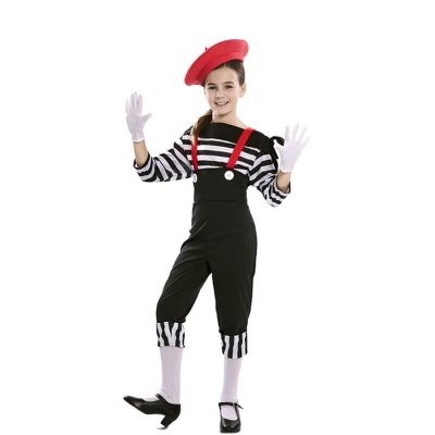 Fato de mímica para criança com calças pretas, camisola às riscas, boina vermelha e luvas