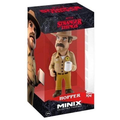 Figura colecionável Minix de Hopper da série Stranger Things com 104 peças e embalagem preta e vermelha