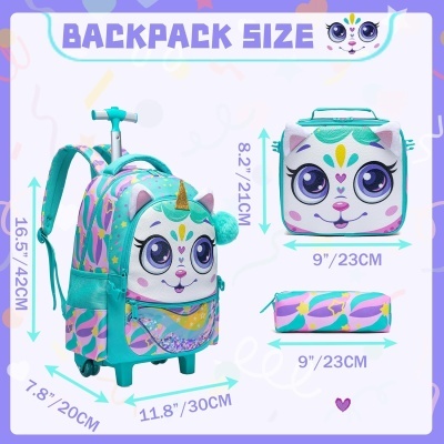 Mochila de rodinhas azul com estampa colorida e rosto de unicórnio, bolsa e estojo combinando