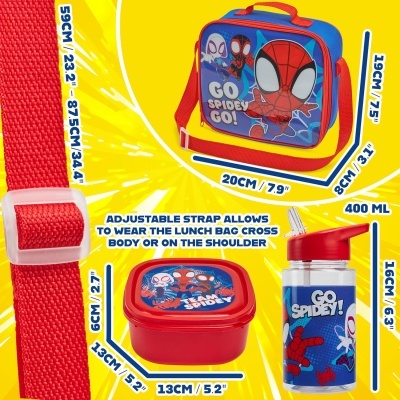 Conjunto lancheira, caixa para alimentos e garrafa de água Homem-Aranha com texto GO SPIDEY GO!
